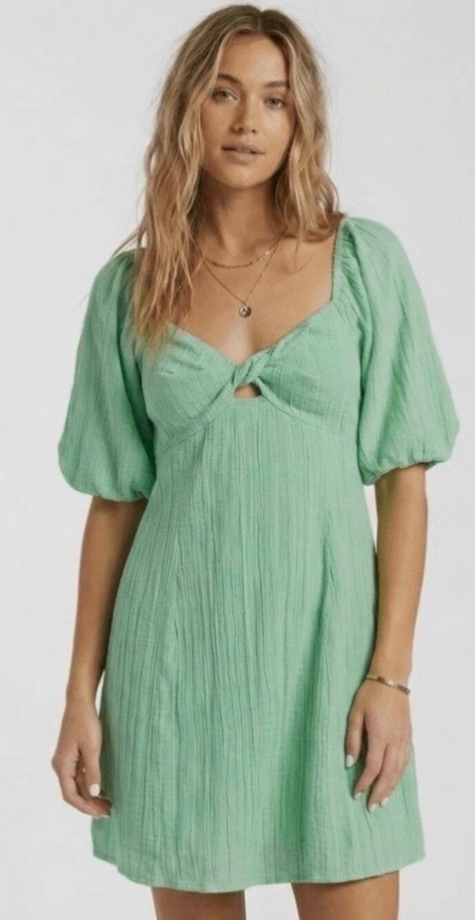 Billabong Sol Puff Sleeve Mini Dress – Light Green – Size Medium
